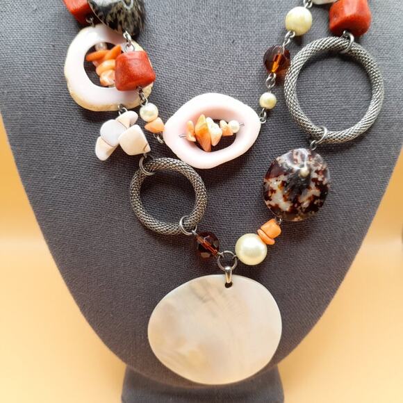 Chico's Shell Faux Pearl Stone Beaded Necklace, Two Strands, 20 Inches - Picture 2 of 11